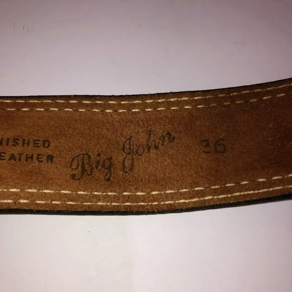 Vintage Big John Belt Tooled Full Grain Brown Saddle Leather Brass Buckle Sz 36